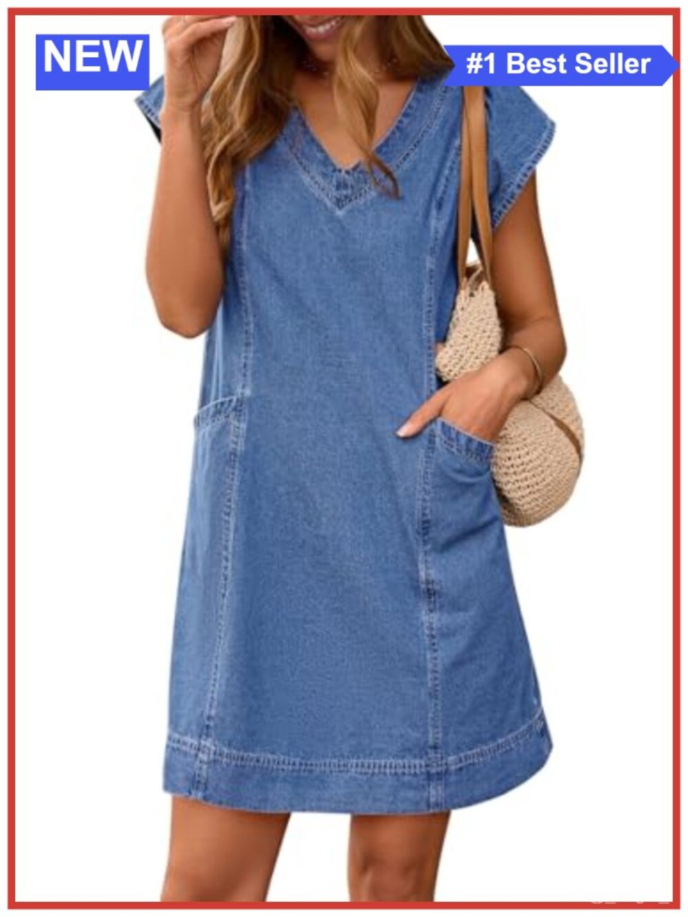 Womens 100% Cotton Denim Mini Dress V Neck Short Sleeve Loose Jean Dress